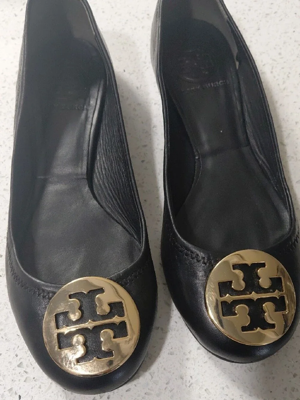 Tory Burch Black Leather Ballet Flats with Gold Logo Medallions